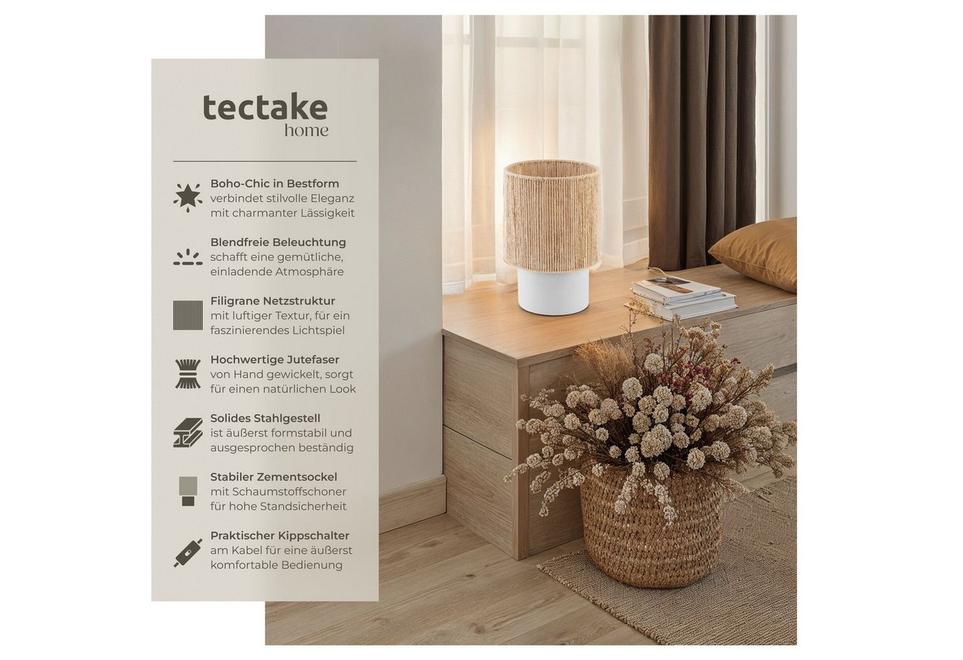 tectake Schreibtischlampe Tischleuchte, Zementfuß mit Schaumstoffschoner, 20,5 x 30,5 cm, Inkl. Aufbauanleitung, nicht relevant, natürliche Jutefaser, Schirmges – Bild 2 von 5
