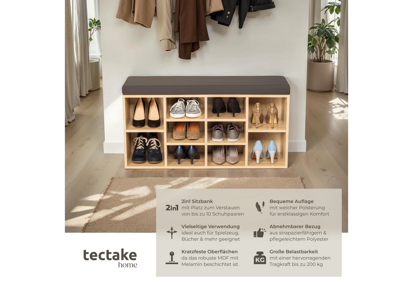 tectake Schuhschrank Schuhkommode, 103,5 x 48 x 30 cm, für 10 Paar Schuhe (Sideboard Max, 1-St., in dunkelgrau/eiche hell) abnehmbarem Sitzpolster, 2 verstellba – Bild 2 von 5
