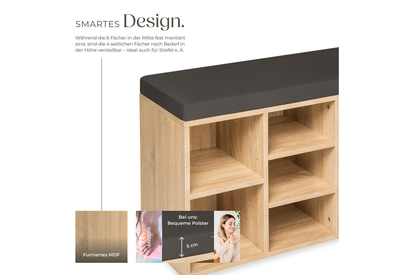 tectake Schuhschrank Schuhkommode, 103,5 x 48 x 30 cm, für 10 Paar Schuhe (Sideboard Max, 1-St., in dunkelgrau/eiche hell) abnehmbarem Sitzpolster, 2 verstellba – Bild 3 von 5