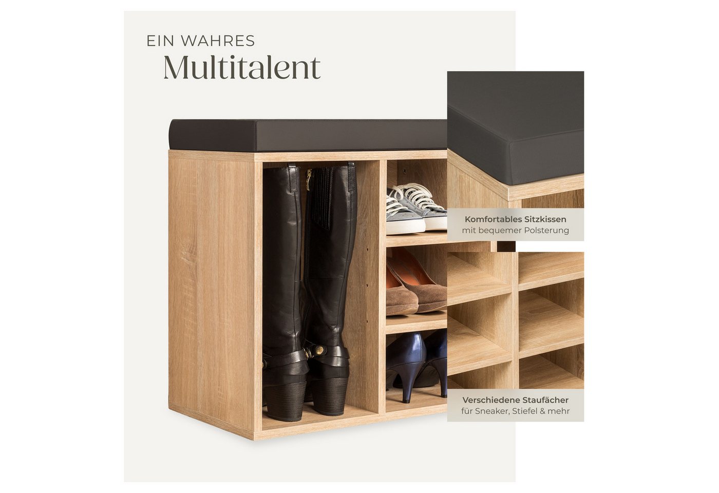tectake Schuhschrank Schuhkommode, 103,5 x 48 x 30 cm, für 10 Paar Schuhe (Sideboard Max, 1-St., in dunkelgrau/eiche hell) abnehmbarem Sitzpolster, 2 verstellba – Bild 4 von 5