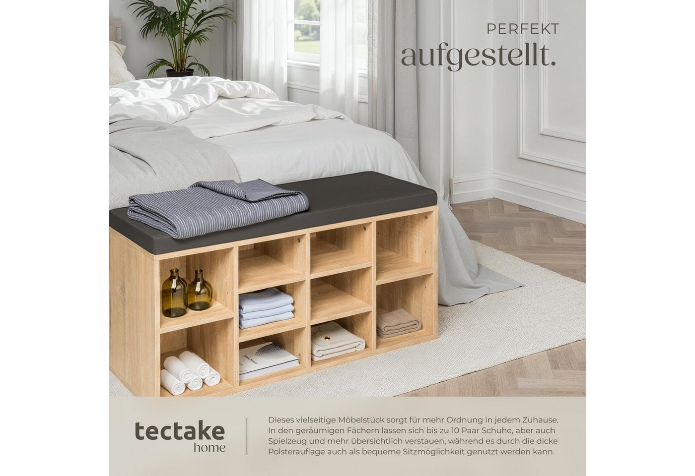 tectake Schuhschrank Schuhkommode, 103,5 x 48 x 30 cm, für 10 Paar Schuhe (Sideboard Max, 1-St., in dunkelgrau/eiche hell) abnehmbarem Sitzpolster, 2 verstellba – Bild 5 von 5
