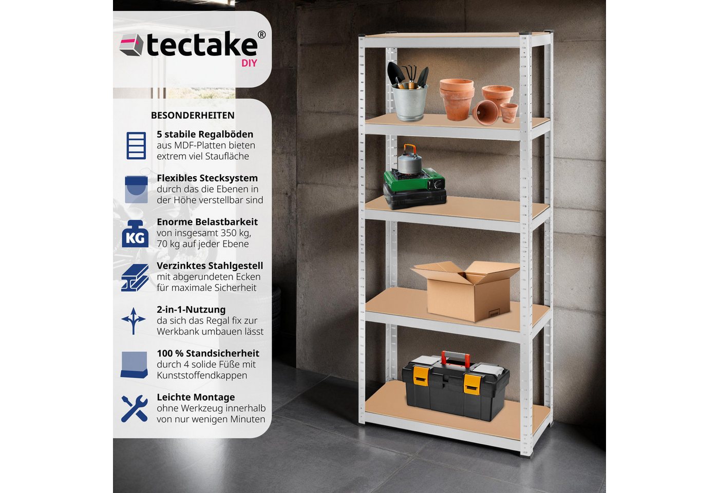 tectake Schwerlastregal Lastenregal in Varianten, verzinkter Stahl, schnell montiert, Lagergestell, belastbare höhenverstellbare MDF-Böden, runde Kanten, Kunsts – Bild 2 von 5