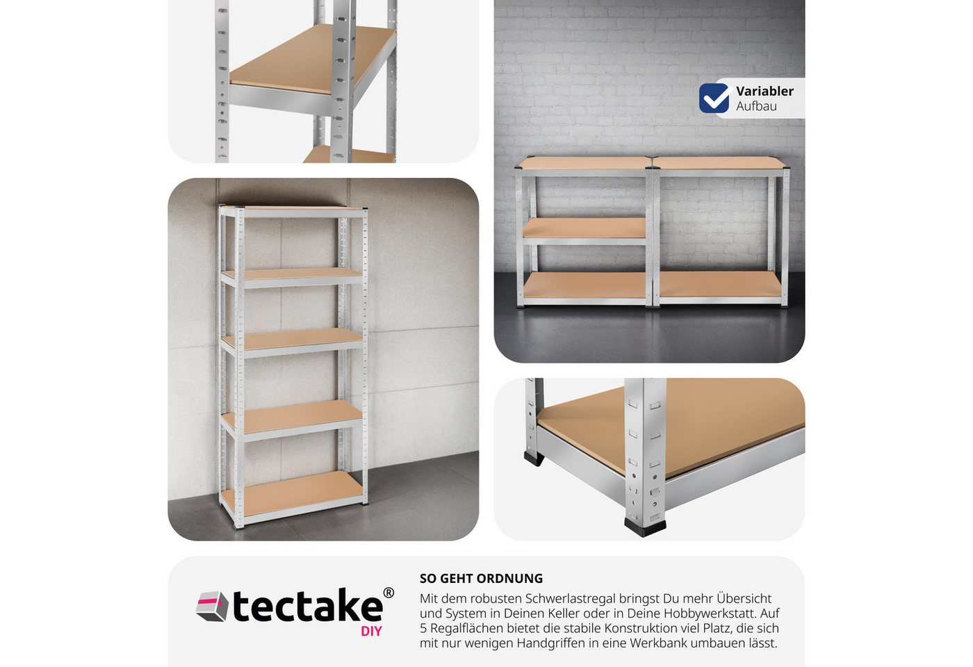 tectake Schwerlastregal Lastenregal in Varianten, verzinkter Stahl, schnell montiert, Lagergestell, belastbare höhenverstellbare MDF-Böden, runde Kanten, Kunsts – Bild 3 von 5