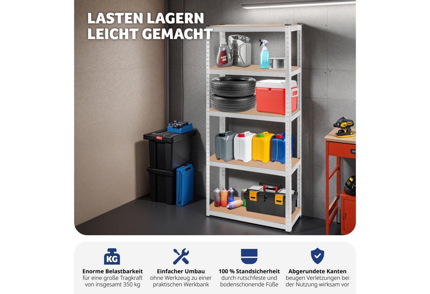tectake Schwerlastregal Lastenregal in Varianten, verzinkter Stahl, schnell montiert, Lagergestell, belastbare höhenverstellbare MDF-Böden, runde Kanten, Kunsts – Bild 5 von 5