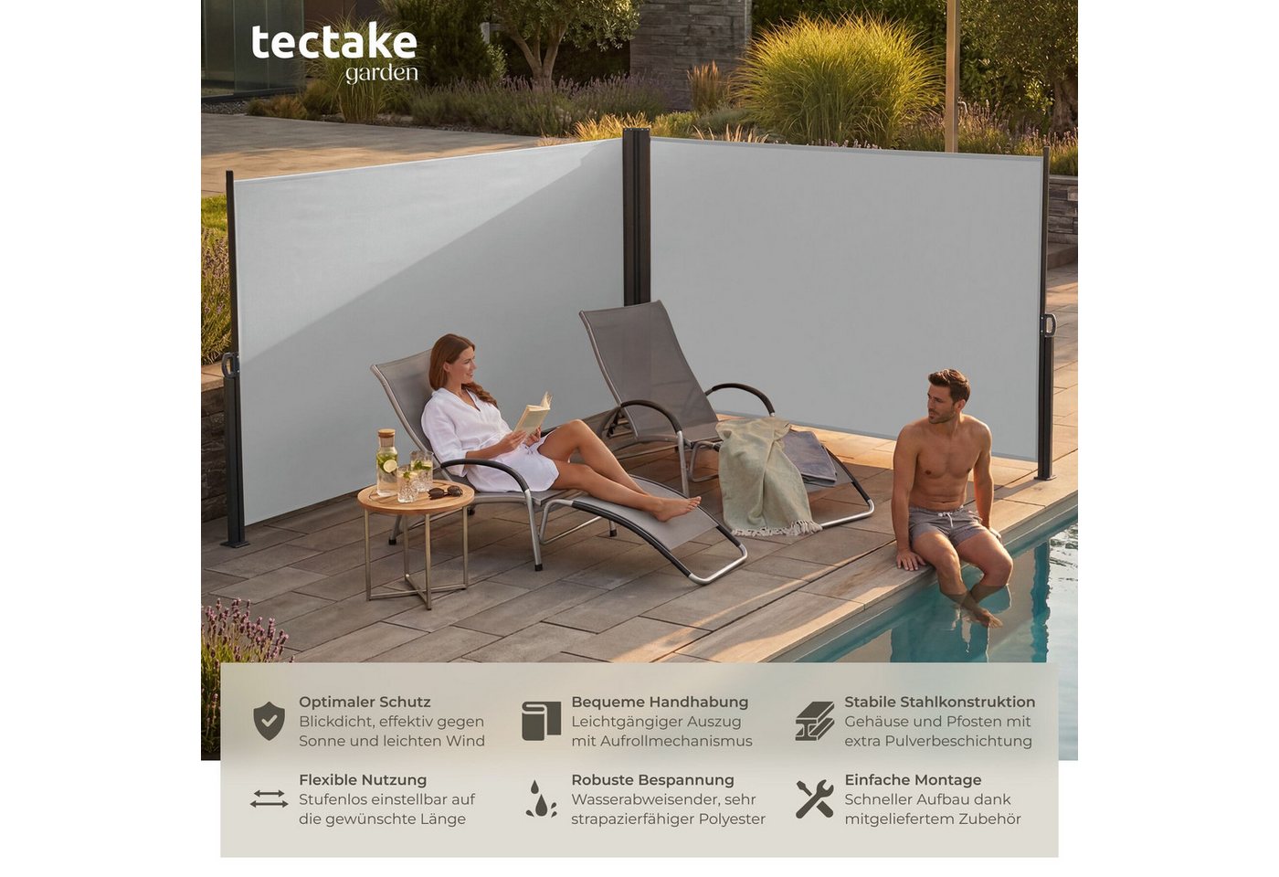 tectake Seitenarmmarkise Doppel-Seitenmarkise, ausziehbar, mit Aufrollmechanismus, 160 x 600 (Sichtschutzmarkise, in grau) wetterfest, blickdicht, Schutz vor So – Bild 2 von 5