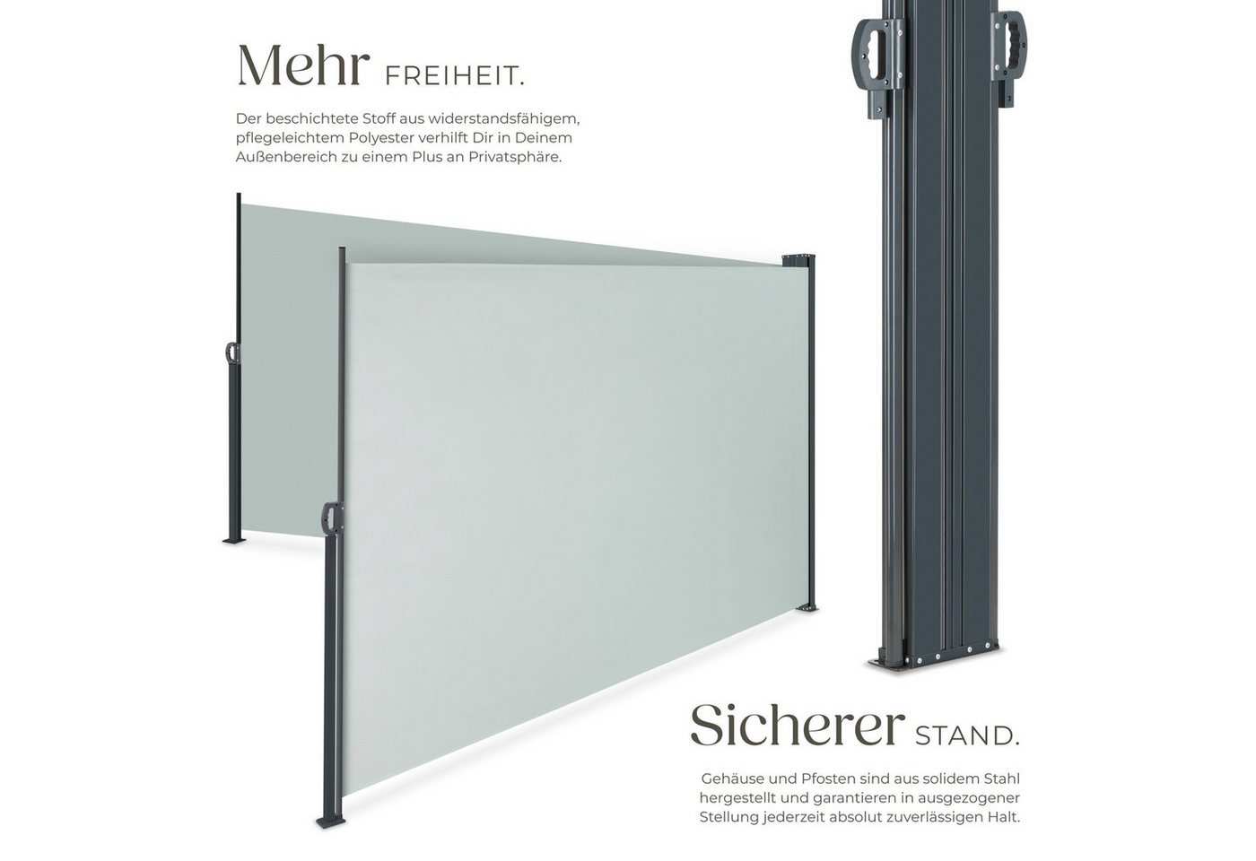 tectake Seitenarmmarkise Doppel-Seitenmarkise, ausziehbar, mit Aufrollmechanismus, 160 x 600 (Sichtschutzmarkise, in grau) wetterfest, blickdicht, Schutz vor So – Bild 3 von 5