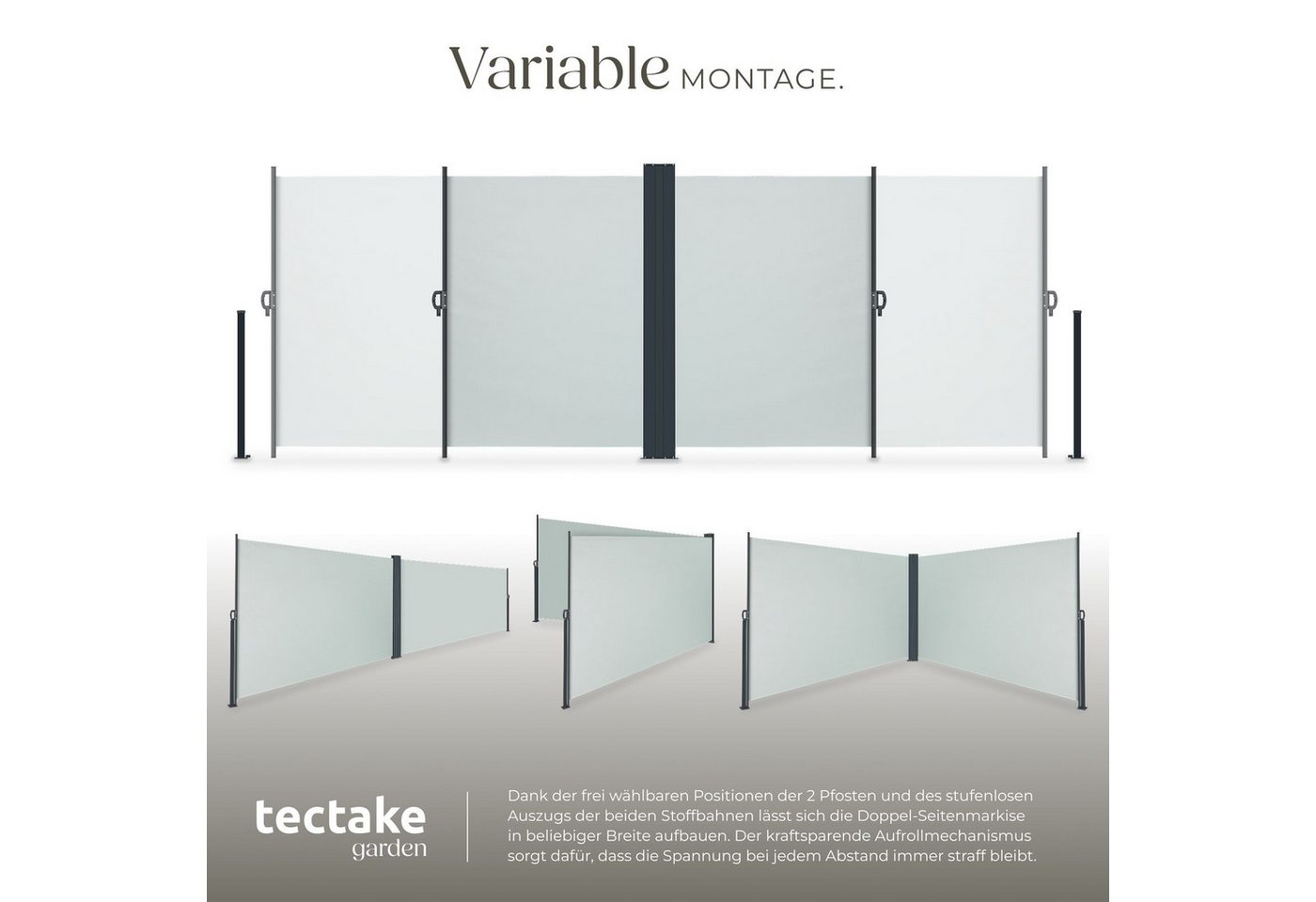 tectake Seitenarmmarkise Doppel-Seitenmarkise, ausziehbar, mit Aufrollmechanismus, 160 x 600 (Sichtschutzmarkise, in grau) wetterfest, blickdicht, Schutz vor So – Bild 4 von 5