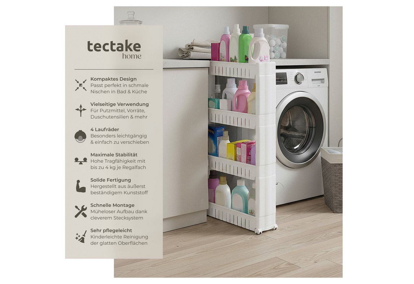 tectake Seitenregal Nischenregal, leicht zu reinigen, einfache Montage, 54 x 12 x 101 cm, Aufbewahrungsregal Joe 1-tlg., 4 Ebenen, mit 4 Rollen – Bild 2 von 5