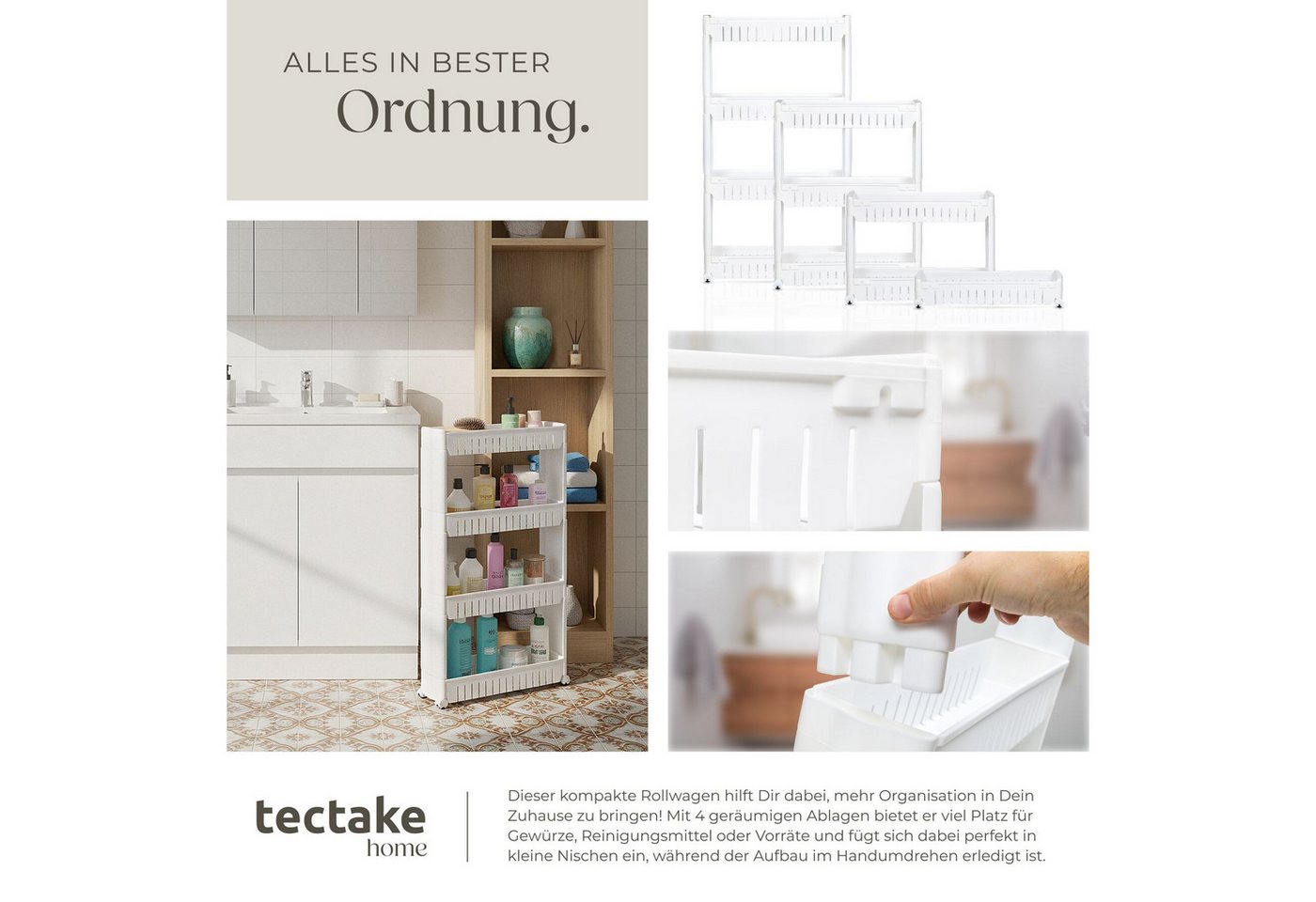 tectake Seitenregal Nischenregal, leicht zu reinigen, einfache Montage, 54 x 12 x 101 cm, Aufbewahrungsregal Joe 1-tlg., 4 Ebenen, mit 4 Rollen – Bild 4 von 5