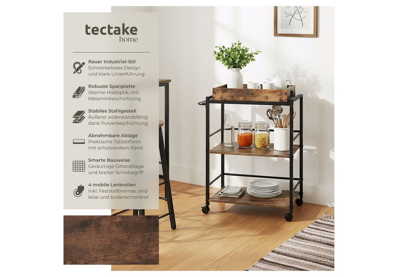 tectake Servierwagen Allzweckwagen, 4 Lenkrollen mit Feststellbremse, 65 x 41,5 x 87 cm, (Küchenwagen Worcester, in Industrial Holz dunkel, rustikal), aus Stahl – Bild 2 von 5