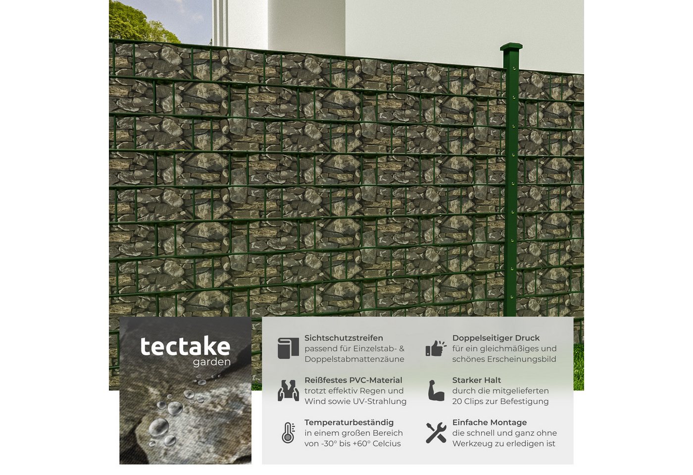 tectake Sichtschutzzug Sichtschutzstreifen mit Befestigungsclips, witterungs und, Einzelstab- und Doppelstabmatten-Zäune, (Zaunblende, 450 g/m², in stein-optik) – Bild 2 von 5