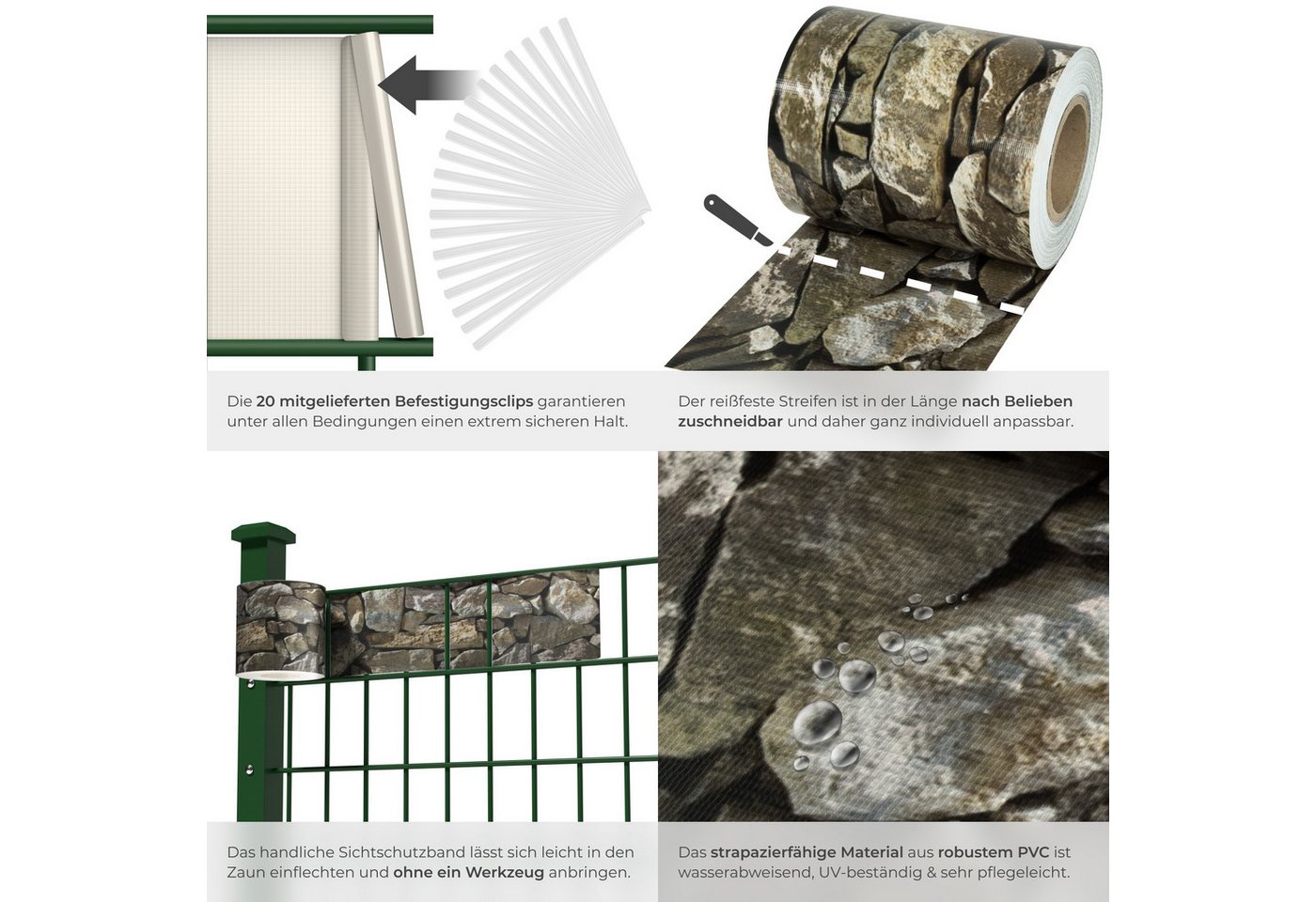 tectake Sichtschutzzug Sichtschutzstreifen mit Befestigungsclips, witterungs und, Einzelstab- und Doppelstabmatten-Zäune, (Zaunblende, 450 g/m², in stein-optik) – Bild 5 von 5