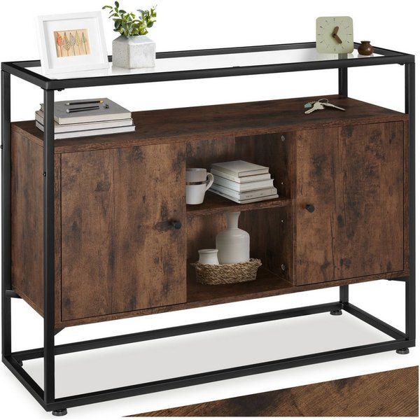 tectake Sideboard Flurschrank, 100 x 38 x 80,5 cm Holz und Stahl, Glasplatte (Beistellschrank Oldham, in Industrial Holz dunkel, rustikal), offenes Fach, 2 Stau