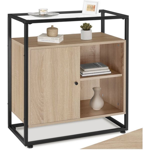 tectake Sideboard Kommode, 70 x 38 x 80,5 cm Holz und Stahl, Glasplatte (Konsole Conventry, in Industrial Holz hell, Eiche Sonoma), offenes Fach, Staufach mit M