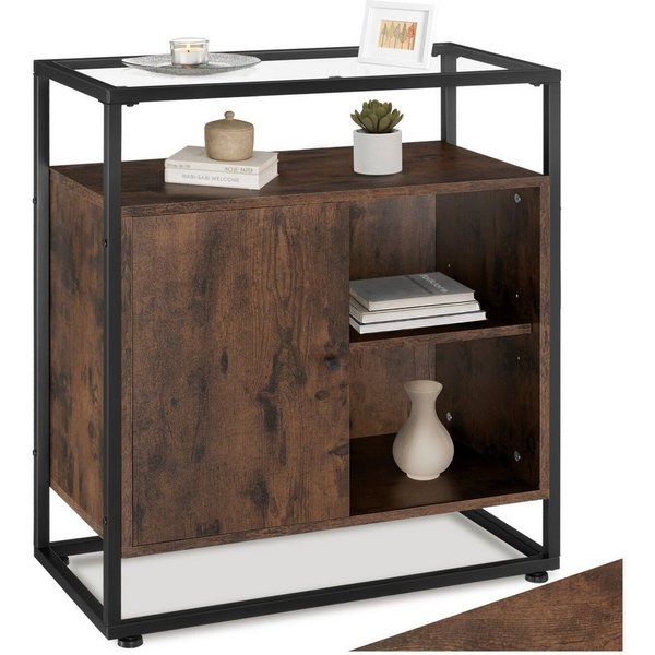 tectake Sideboard Kommode, 70 x 38 x 80,5 cm Holz und Stahl, Glasplatte (Konsole Conventry, in Industrial Holz dunkel, rustikal), offenes Fach, Staufach mit Mag