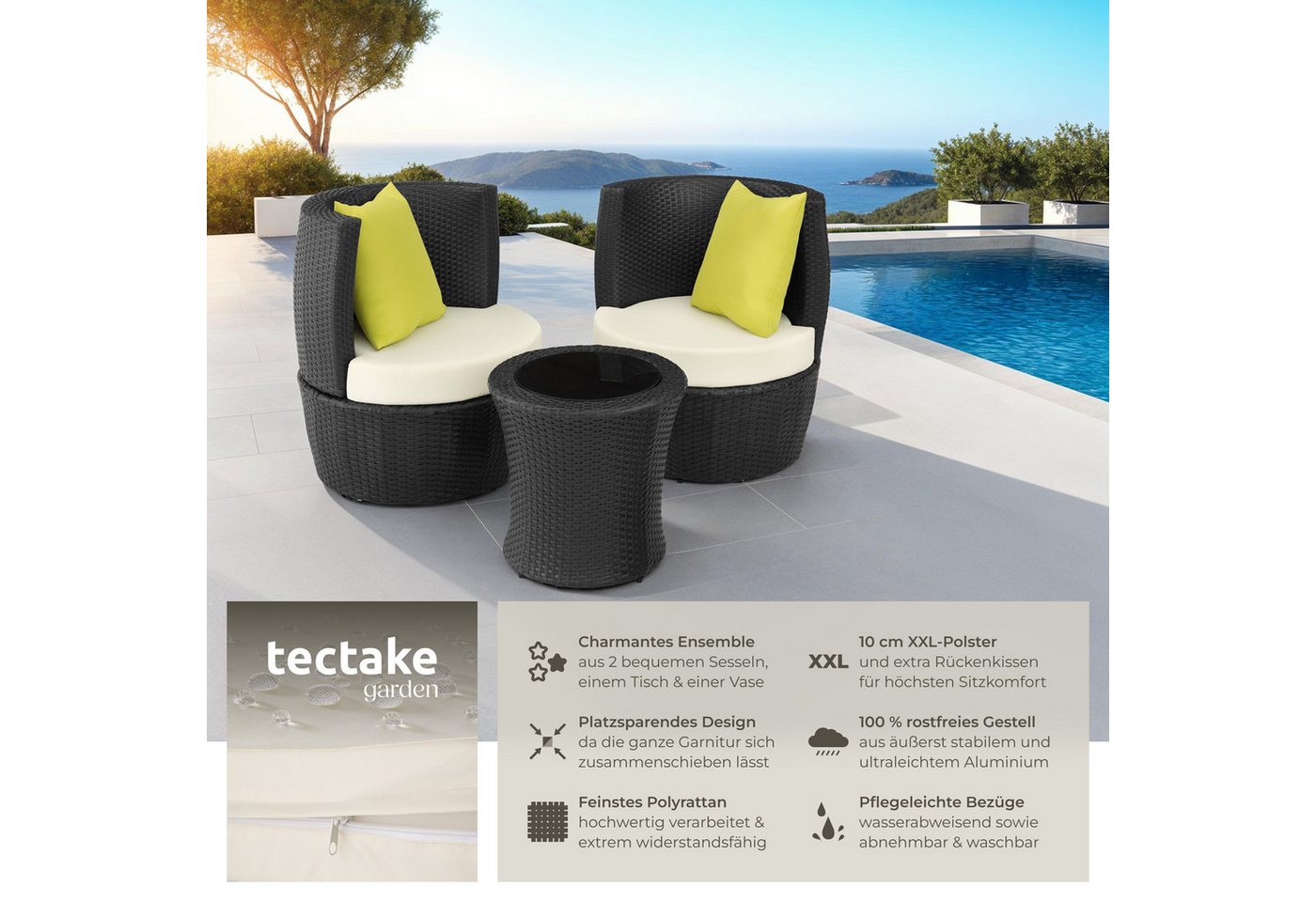 tectake Sitzgruppe Aluminium Rattan Gartenlounge, stapelbar, mit Sicherheitsglasplatte, (Loungeset Nizza, 4-tlg., für Außen in Schwarz), wetterfest und UV-bestä – Bild 2 von 5
