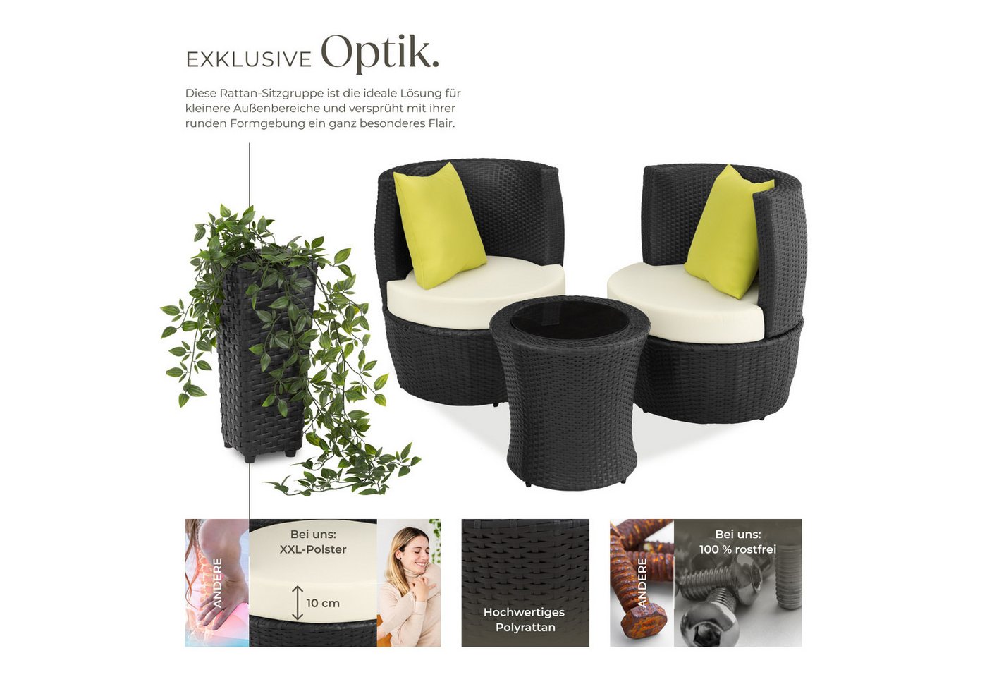 tectake Sitzgruppe Aluminium Rattan Gartenlounge, stapelbar, mit Sicherheitsglasplatte, (Loungeset Nizza, 4-tlg., für Außen in Schwarz), wetterfest und UV-bestä – Bild 3 von 5
