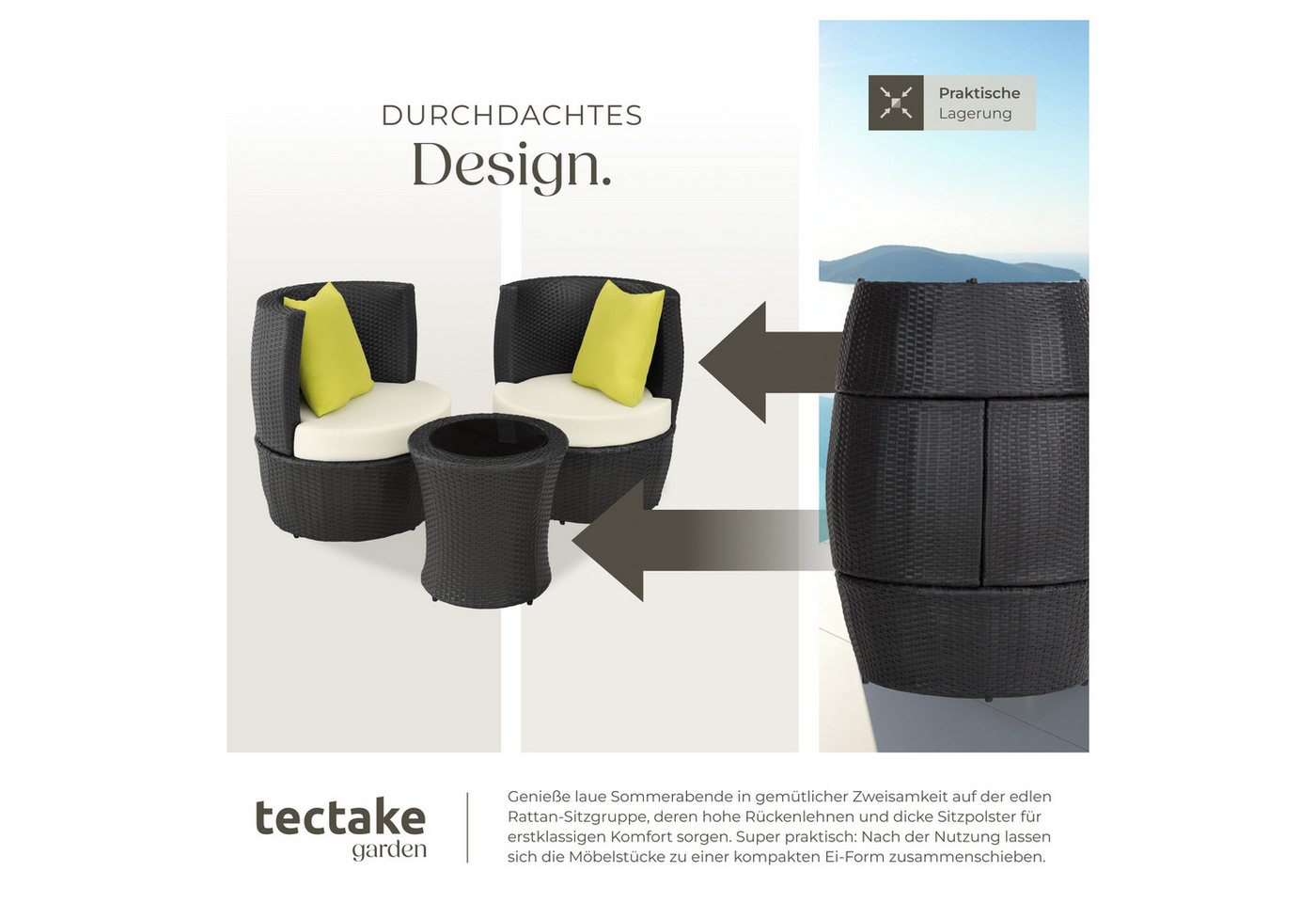 tectake Sitzgruppe Aluminium Rattan Gartenlounge, stapelbar, mit Sicherheitsglasplatte, (Loungeset Nizza, 4-tlg., für Außen in Schwarz), wetterfest und UV-bestä – Bild 4 von 5
