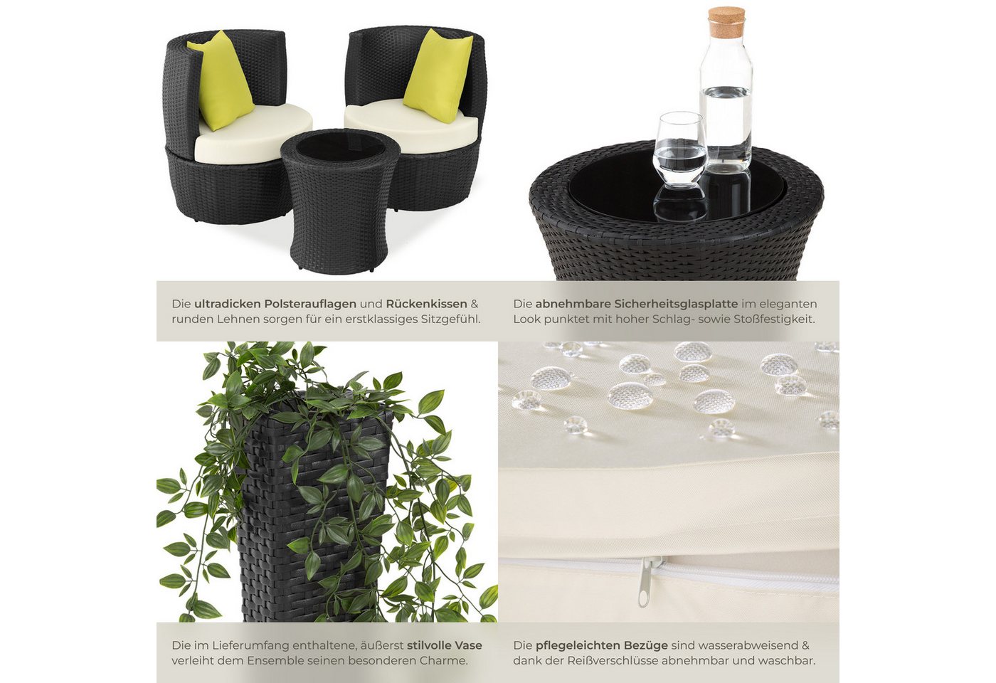 tectake Sitzgruppe Aluminium Rattan Gartenlounge, stapelbar, mit Sicherheitsglasplatte, (Loungeset Nizza, 4-tlg., für Außen in Schwarz), wetterfest und UV-bestä – Bild 5 von 5
