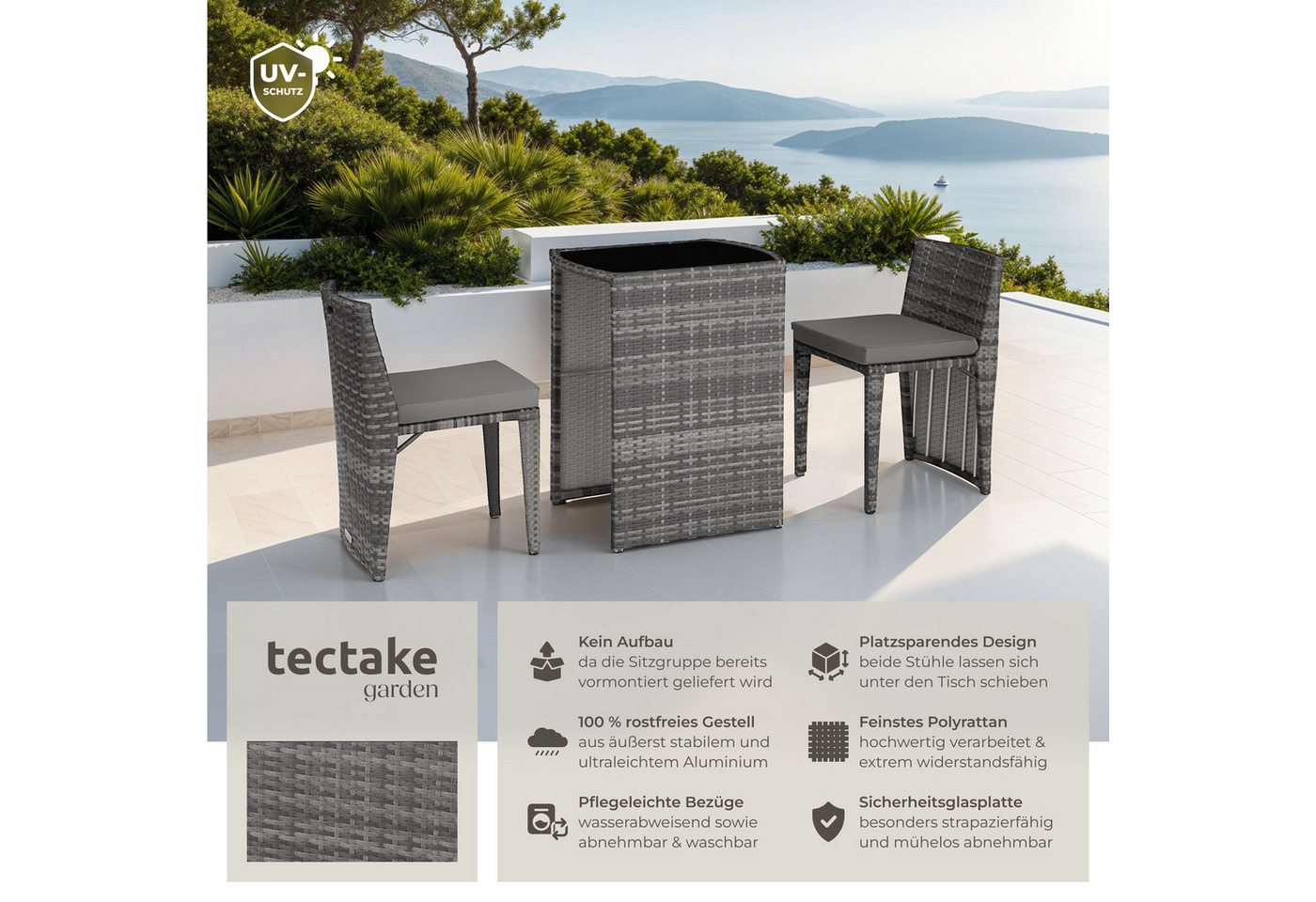 tectake Sitzgruppe Aluminium Rattanset mit Sicherheitsglasplatte, kein Aufbau, (Loungeset Hamburg, 3-tlg., für Außen in Grau), wetterfest und UV-beständig, zusa – Bild 2 von 5