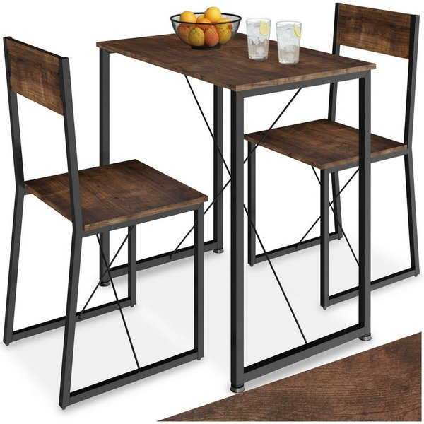 tectake Sitzgruppe Essgruppe 3-teilig, mit höhenverstellbaren Kunststofffüßen, (Loungeset Margate, 3-tlg., in Industrial Holz dunkel, rustikal), Esstisch mit 2 