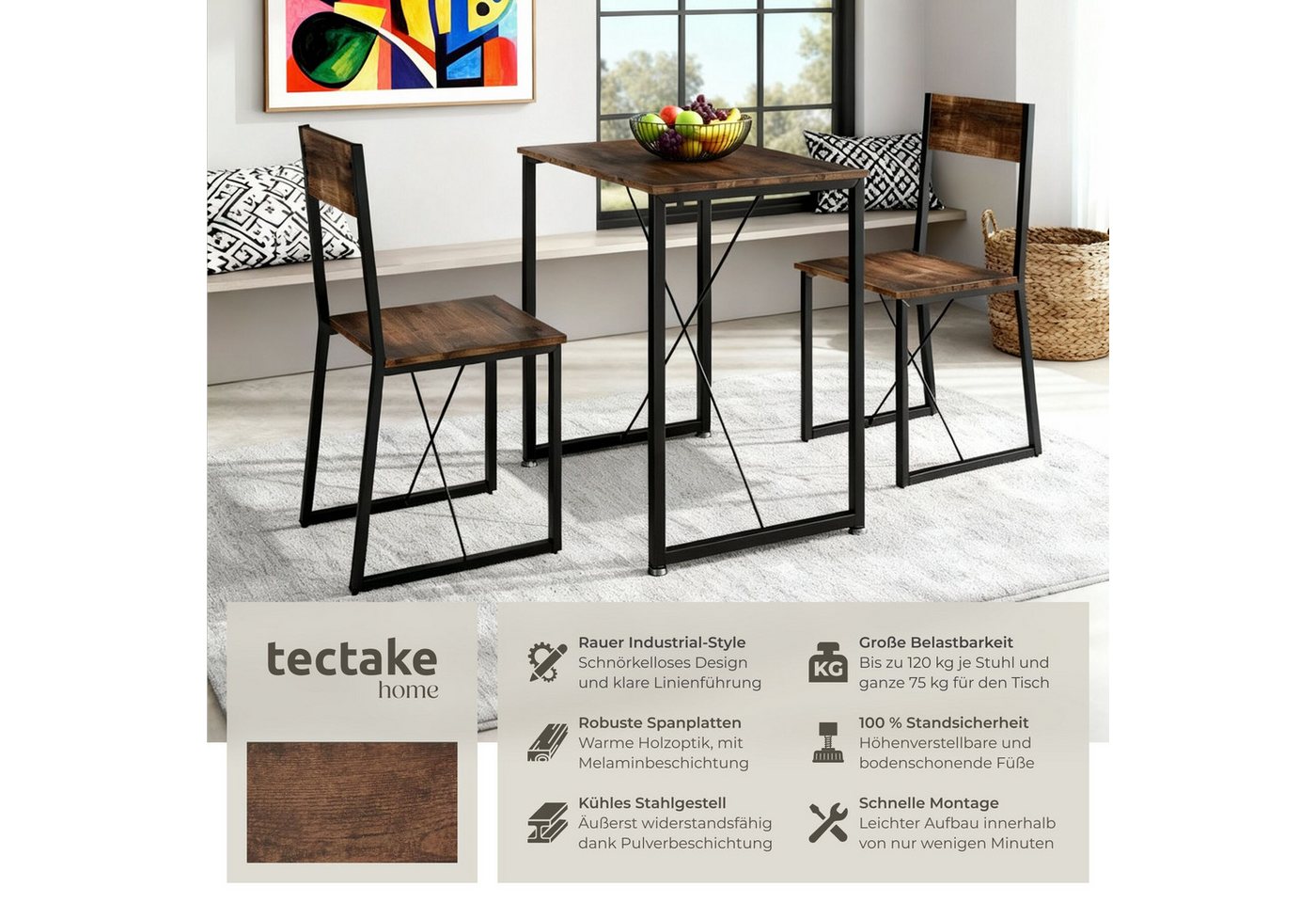 tectake Sitzgruppe Essgruppe 3-teilig, mit höhenverstellbaren Kunststofffüßen, (Loungeset Margate, 3-tlg., in Industrial Holz dunkel, rustikal), Esstisch mit 2  – Bild 2 von 5