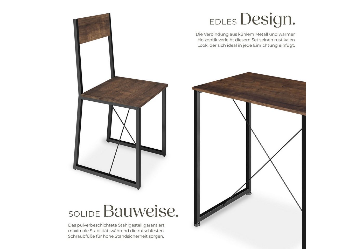 tectake Sitzgruppe Essgruppe 3-teilig, mit höhenverstellbaren Kunststofffüßen, (Loungeset Margate, 3-tlg., in Industrial Holz dunkel, rustikal), Esstisch mit 2  – Bild 3 von 5