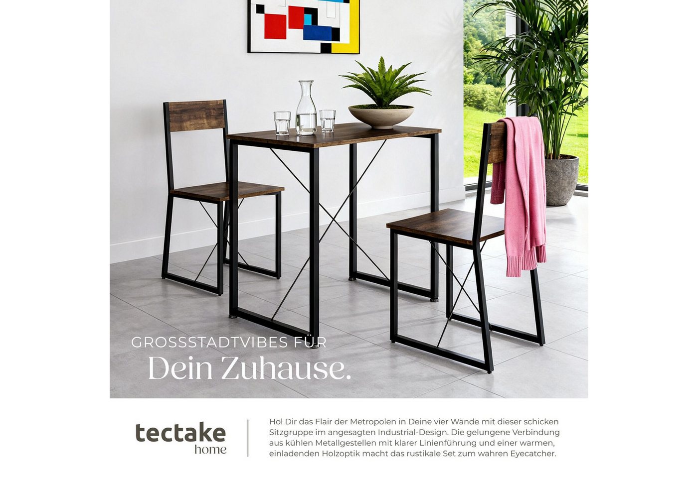 tectake Sitzgruppe Essgruppe 3-teilig, mit höhenverstellbaren Kunststofffüßen, (Loungeset Margate, 3-tlg., in Industrial Holz dunkel, rustikal), Esstisch mit 2  – Bild 4 von 5