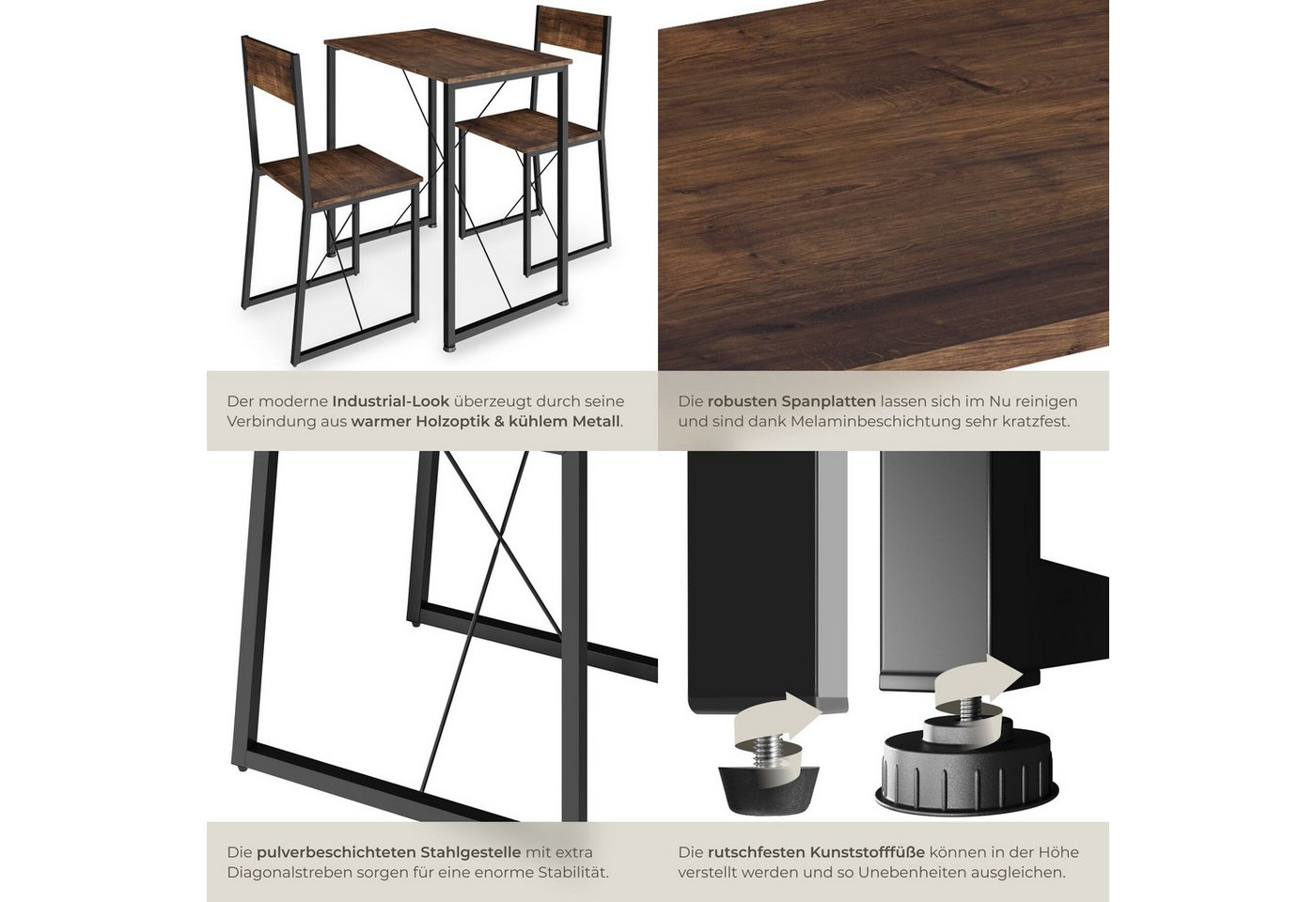 tectake Sitzgruppe Essgruppe 3-teilig, mit höhenverstellbaren Kunststofffüßen, (Loungeset Margate, 3-tlg., in Industrial Holz dunkel, rustikal), Esstisch mit 2  – Bild 5 von 5