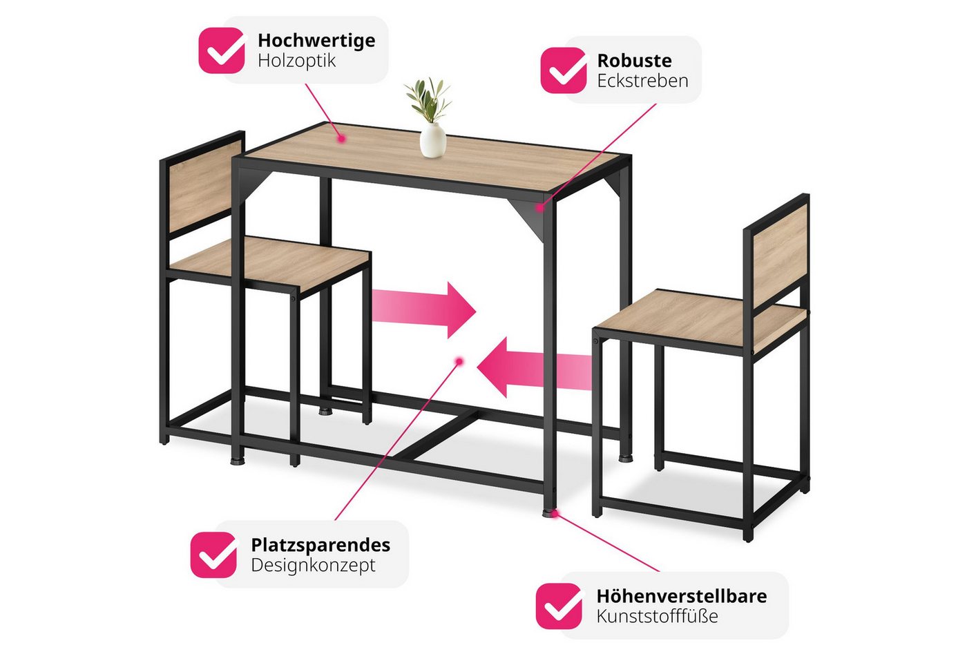 tectake Sitzgruppe Essgruppe 3-teilig, mit höhenverstellbaren Kunststofffüßen, (Loungeset Milton, 3-tlg., in Industrial Holz hell, Eiche Sonoma), Esstisch mit 2 – Bild 3 von 5