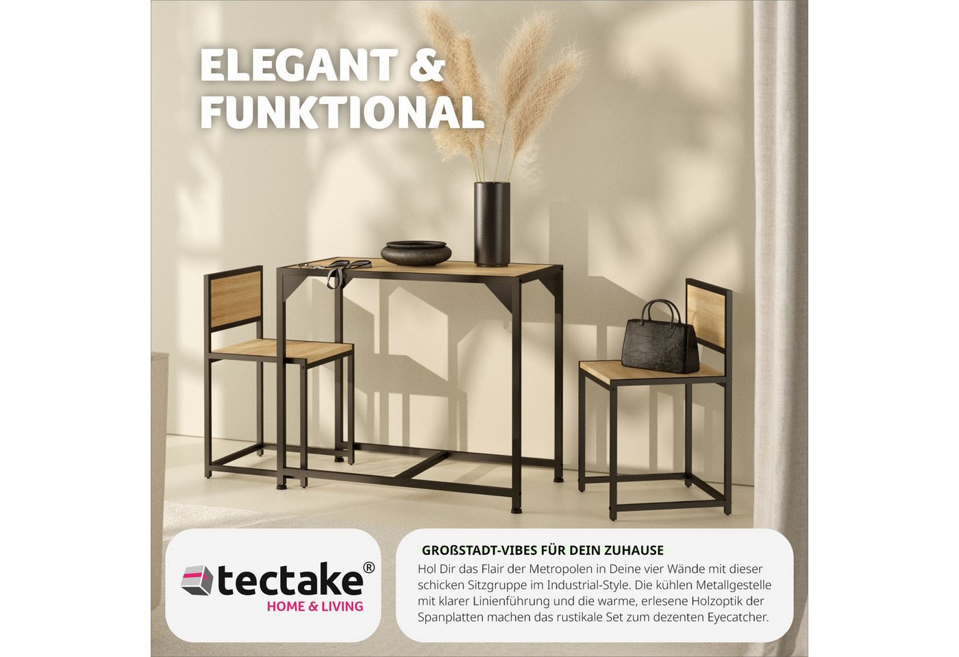 tectake Sitzgruppe Essgruppe 3-teilig, mit höhenverstellbaren Kunststofffüßen, (Loungeset Milton, 3-tlg., in Industrial Holz hell, Eiche Sonoma), Esstisch mit 2 – Bild 4 von 5
