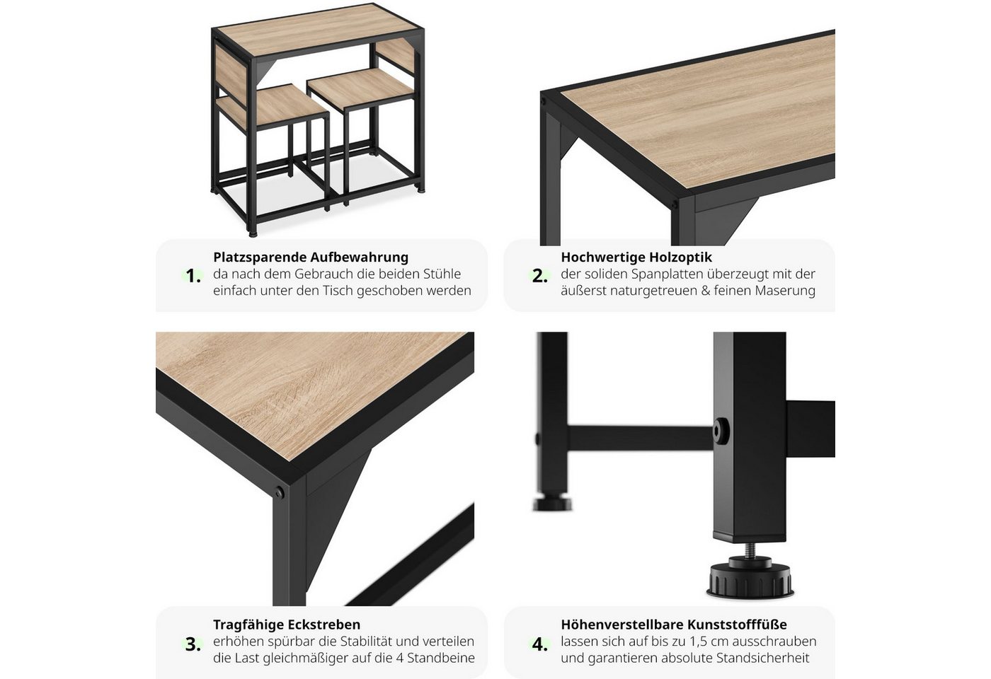 tectake Sitzgruppe Essgruppe 3-teilig, mit höhenverstellbaren Kunststofffüßen, (Loungeset Milton, 3-tlg., in Industrial Holz hell, Eiche Sonoma), Esstisch mit 2 – Bild 5 von 5