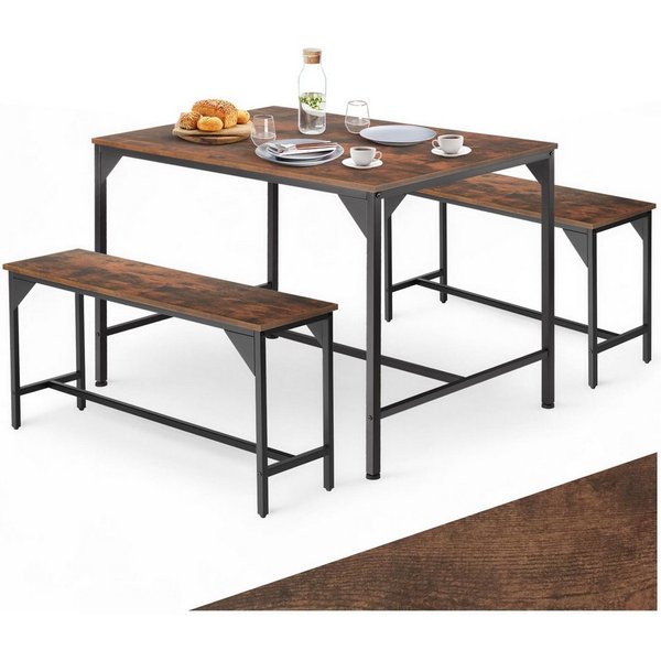 tectake Sitzgruppe Essgruppe 3-teilig, mit höhenverstellbaren Kunststofffüßen, (Loungeset Bolton, 3-tlg., in Industrial Holz dunkel, rustikal), Esstisch mit 2 S