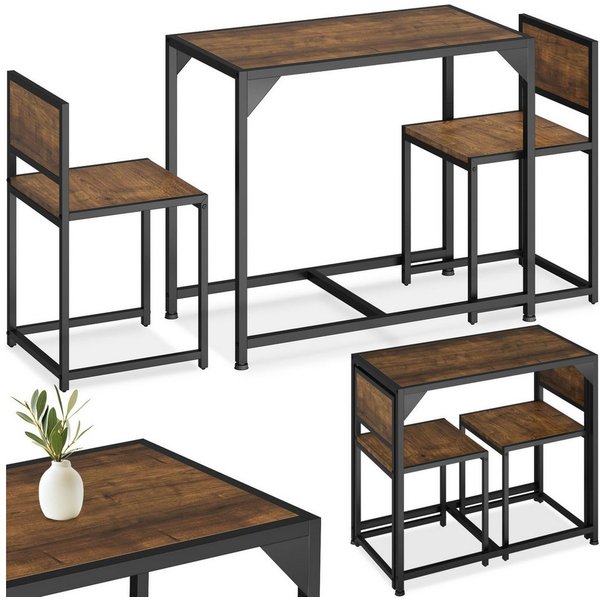 tectake Sitzgruppe Essgruppe 3-teilig, mit höhenverstellbaren Kunststofffüßen, (Loungeset Milton, 3-tlg., in Industrial Holz dunkel, rustikal), Esstisch mit 2 S