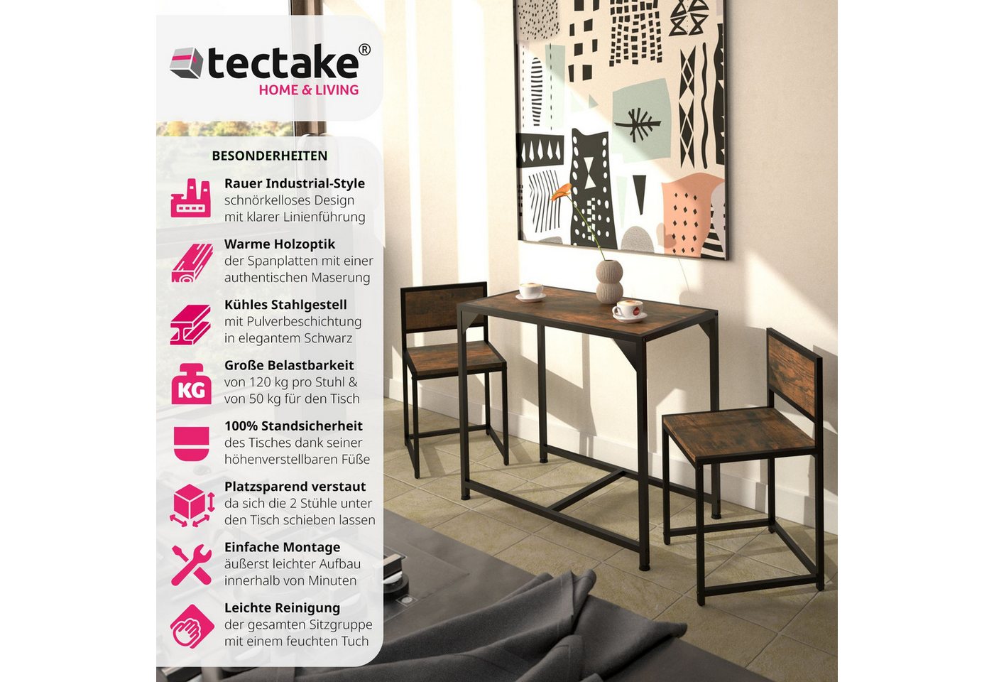 tectake Sitzgruppe Essgruppe 3-teilig, mit höhenverstellbaren Kunststofffüßen, (Loungeset Milton, 3-tlg., in Industrial Holz dunkel, rustikal), Esstisch mit 2 S – Bild 2 von 5