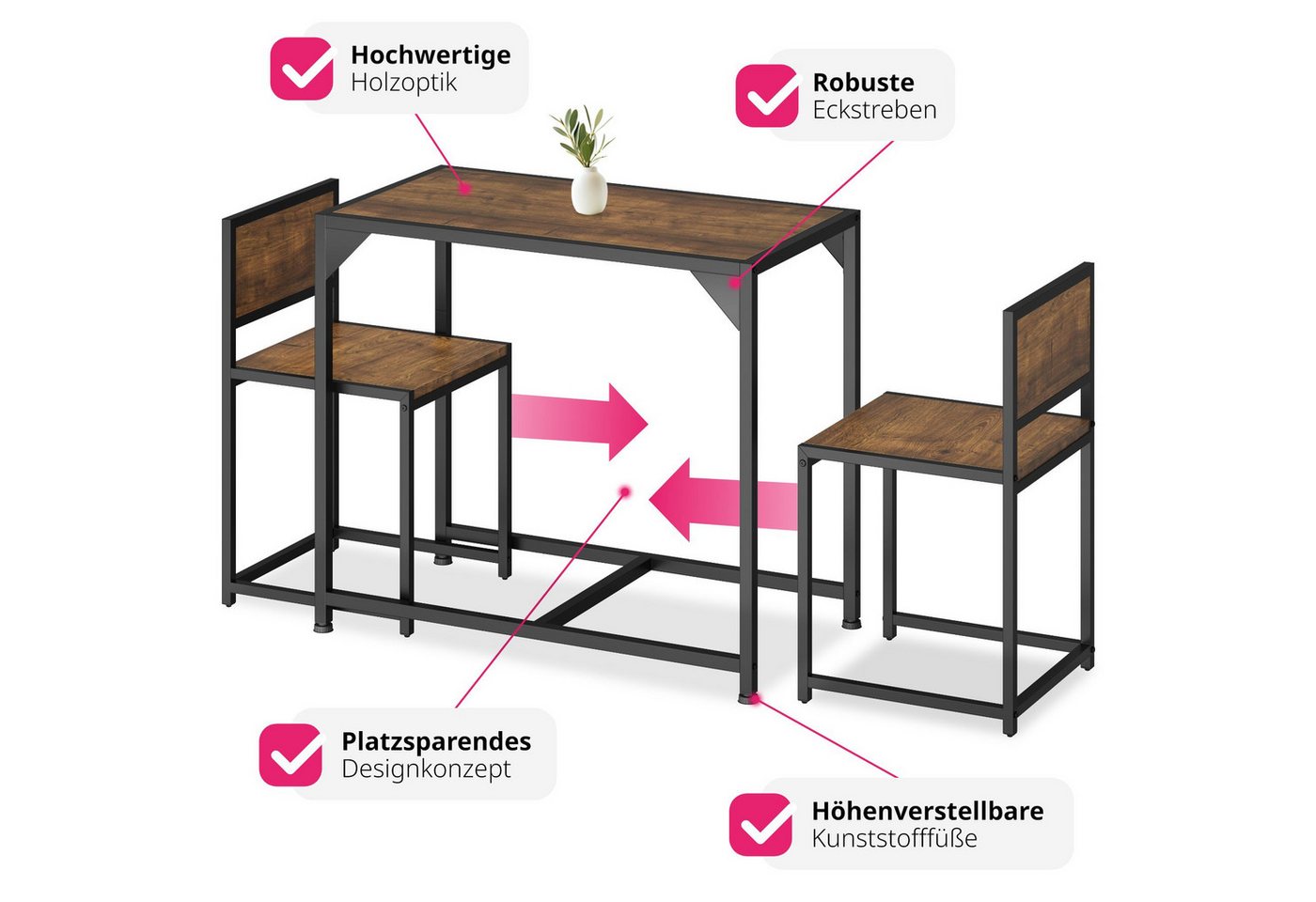 tectake Sitzgruppe Essgruppe 3-teilig, mit höhenverstellbaren Kunststofffüßen, (Loungeset Milton, 3-tlg., in Industrial Holz dunkel, rustikal), Esstisch mit 2 S – Bild 3 von 5