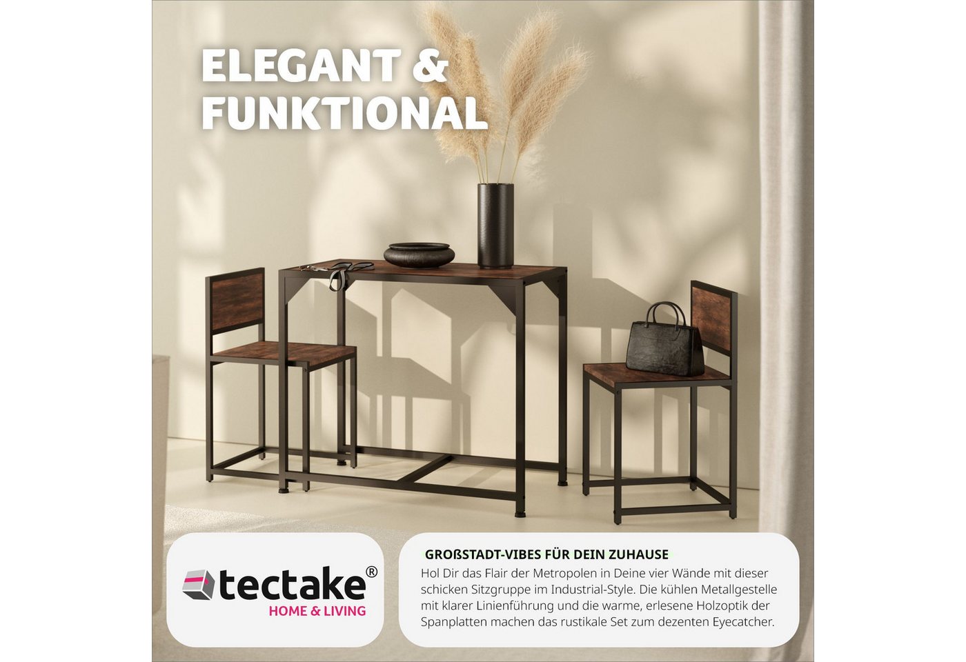 tectake Sitzgruppe Essgruppe 3-teilig, mit höhenverstellbaren Kunststofffüßen, (Loungeset Milton, 3-tlg., in Industrial Holz dunkel, rustikal), Esstisch mit 2 S – Bild 4 von 5