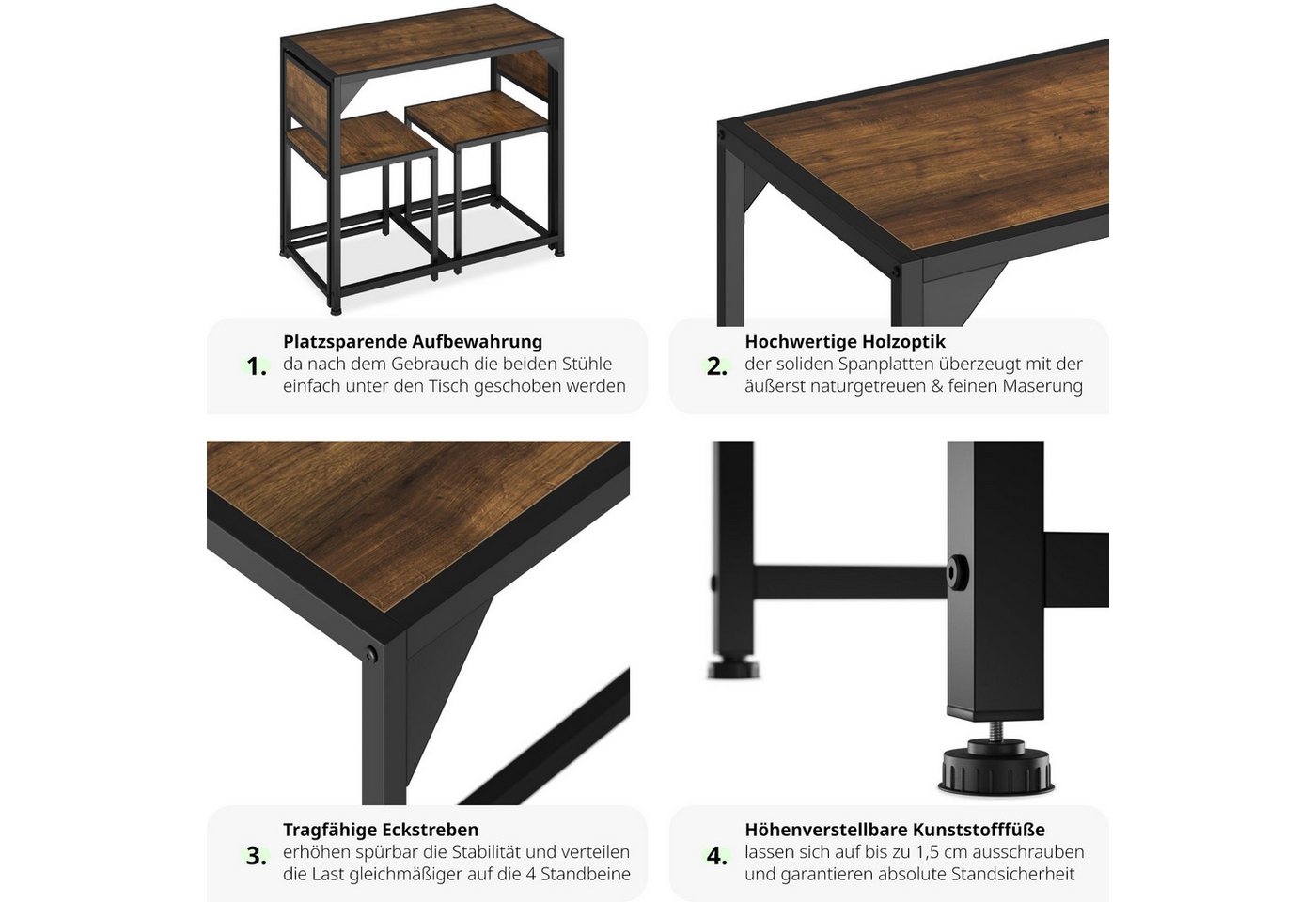 tectake Sitzgruppe Essgruppe 3-teilig, mit höhenverstellbaren Kunststofffüßen, (Loungeset Milton, 3-tlg., in Industrial Holz dunkel, rustikal), Esstisch mit 2 S – Bild 5 von 5