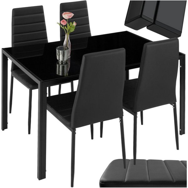 tectake Sitzgruppe Essgruppe Berlin - Kunstlederstühle mit Glastisch, (Esszimmer Möbel Berlin, 5-tlg., in schwarz), Geringes Gewicht, Tisch belastbar bis 60 kg