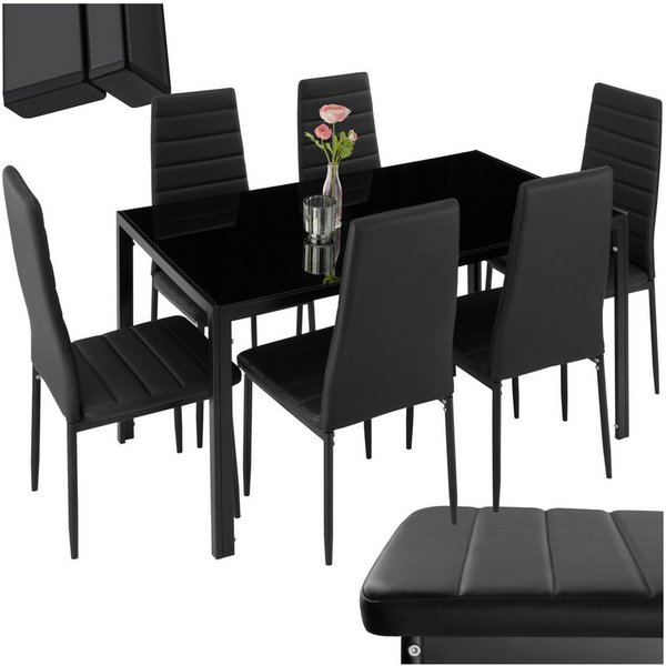 tectake Sitzgruppe Essgruppe Brandenburg mit Kunstlederstühlen und Glastisch, (Esszimmertisch Set Brandenburg, 7-tlg., in schwarz/schwarz), Bodenschonende Kunst