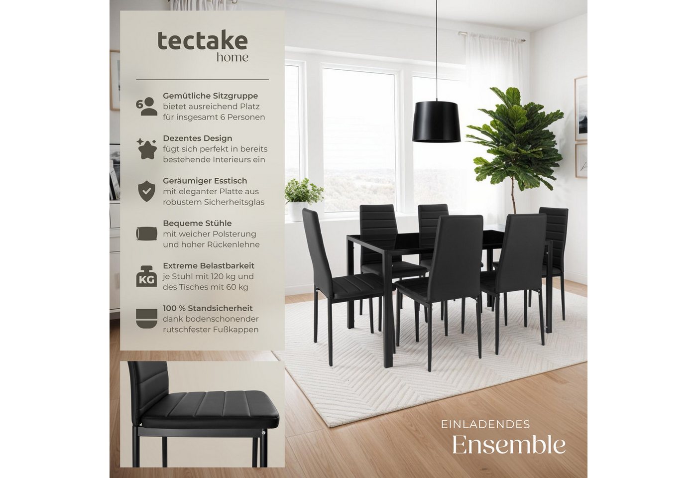 tectake Sitzgruppe Essgruppe Brandenburg mit Kunstlederstühlen und Glastisch, (Esszimmertisch Set Brandenburg, 7-tlg., in schwarz/schwarz), Bodenschonende Kunst – Bild 2 von 5