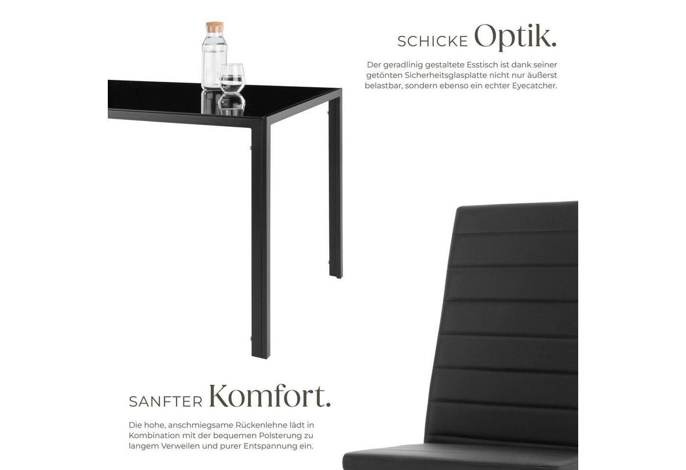 tectake Sitzgruppe Essgruppe Brandenburg mit Kunstlederstühlen und Glastisch, (Esszimmertisch Set Brandenburg, 7-tlg., in schwarz/schwarz), Bodenschonende Kunst – Bild 3 von 5
