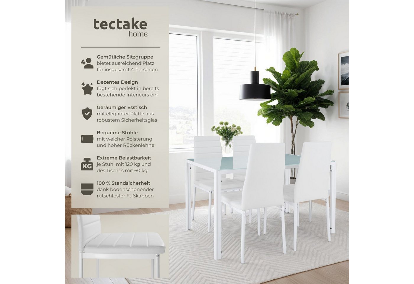tectake Sitzgruppe Esszimmergarnitur Berlin mit strapazierfähigem Kunstleder, (Esstischgruppe Berlin, 5-tlg., in weiß), Robuste Tischplatte aus Sicherheitsglas – Bild 2 von 5