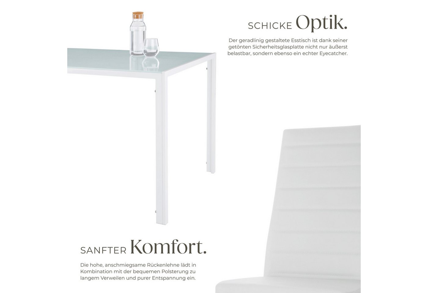 tectake Sitzgruppe Esszimmergarnitur Berlin mit strapazierfähigem Kunstleder, (Esstischgruppe Berlin, 5-tlg., in weiß), Robuste Tischplatte aus Sicherheitsglas – Bild 3 von 5