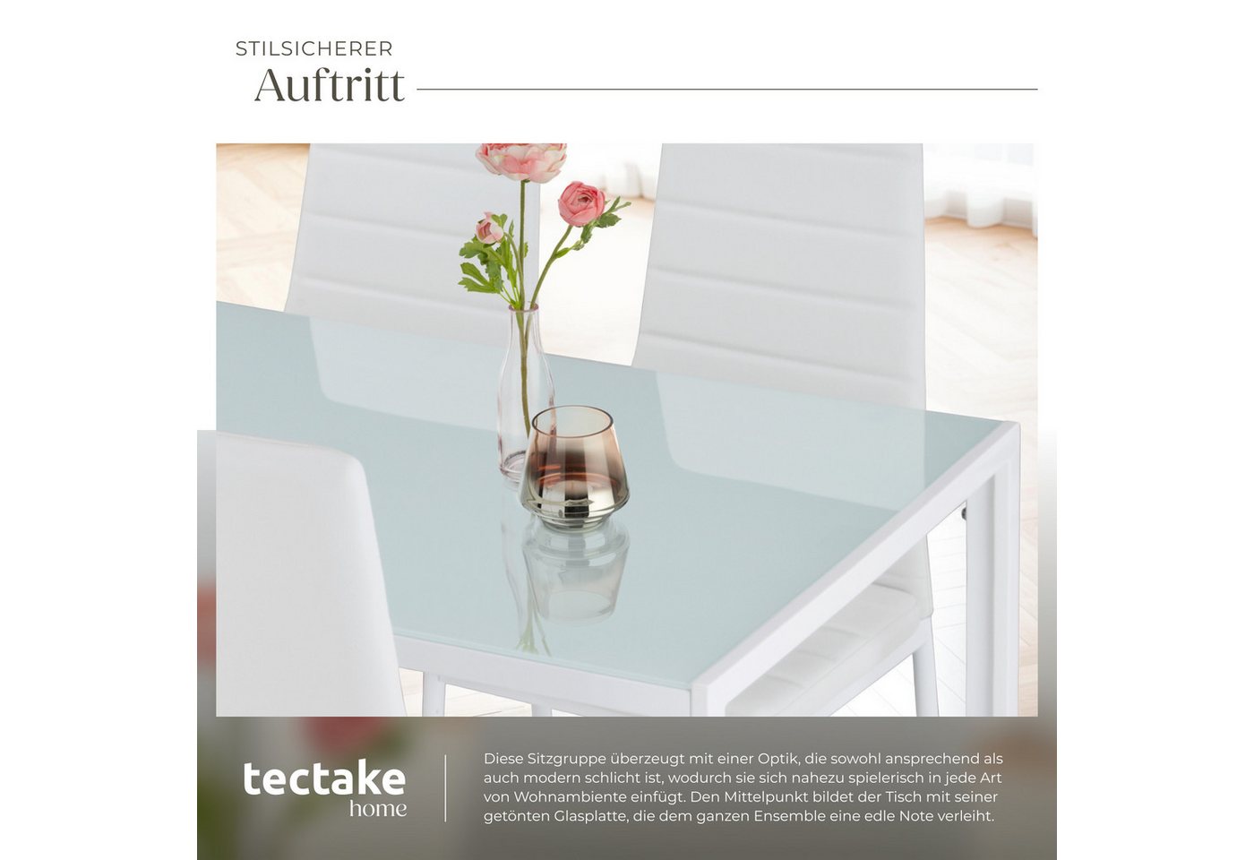tectake Sitzgruppe Esszimmergarnitur Berlin mit strapazierfähigem Kunstleder, (Esstischgruppe Berlin, 5-tlg., in weiß), Robuste Tischplatte aus Sicherheitsglas – Bild 5 von 5