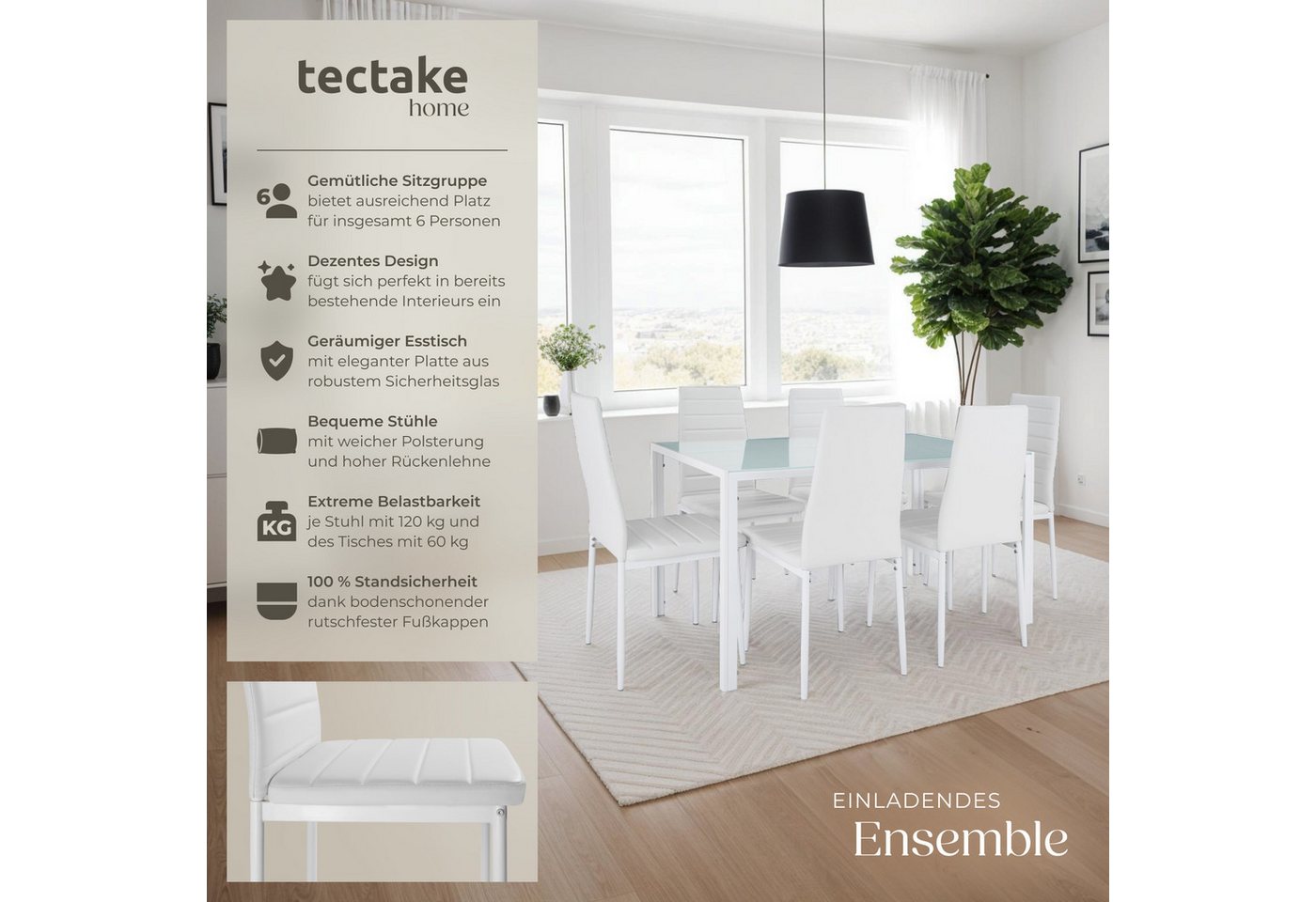 tectake Sitzgruppe Esszimmerset mit gepolsterten Kunstlederstühlen und Glastisch, Stahl, (Esstisch Mit Stühlen Brandenburg, 7-tlg., in Weiß/weiß), bodenschonend – Bild 2 von 5