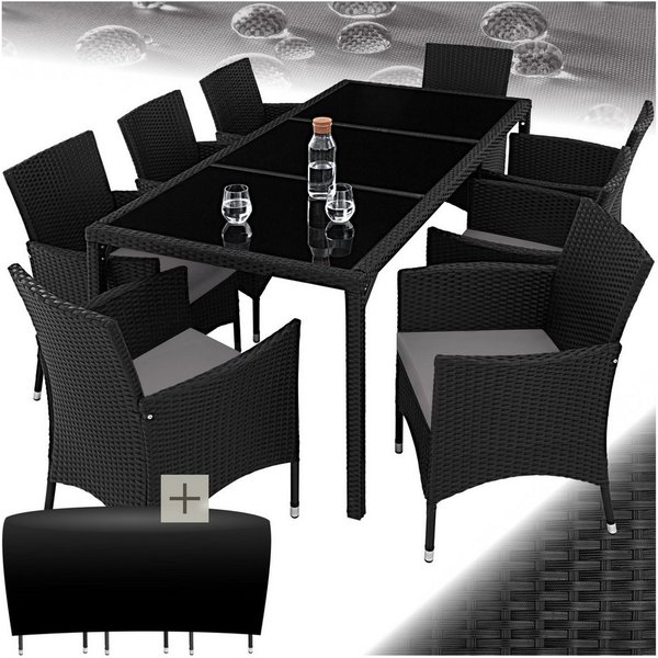 tectake Sitzgruppe gartenmöbel rattan garnitur modern design wetterfest, (outdoor rattan lounge Almansa, 9-tlg., in schwarz/grau), inklusive schutzhülle und ros