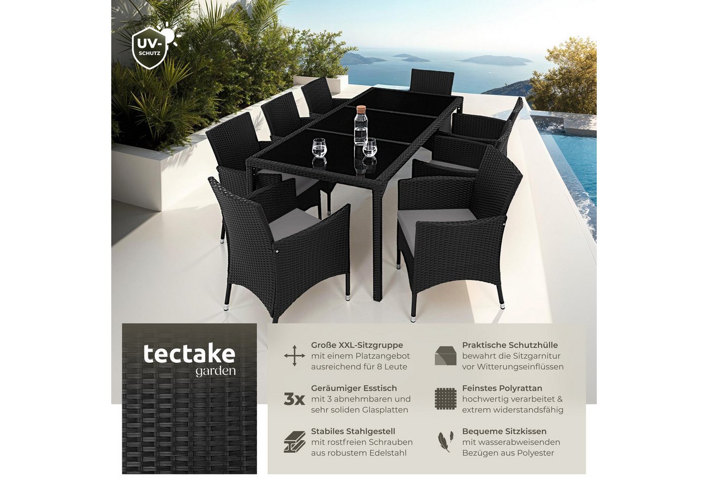 tectake Sitzgruppe gartenmöbel rattan garnitur modern design wetterfest, (outdoor rattan lounge Almansa, 9-tlg., in schwarz/grau), inklusive schutzhülle und ros – Bild 2 von 5