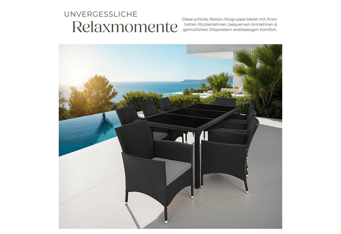 tectake Sitzgruppe gartenmöbel rattan garnitur modern design wetterfest, (outdoor rattan lounge Almansa, 9-tlg., in schwarz/grau), inklusive schutzhülle und ros – Bild 4 von 5