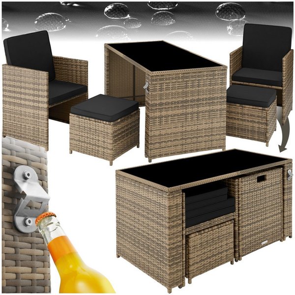 tectake Sitzgruppe Gartenmöbel Set aus Polyrattan für 2-4 Personen, UV-beständig, (Balkonmöbel Palermo, 5-tlg., in Natur), Tisch mit Sicherheitsglasplatte und p